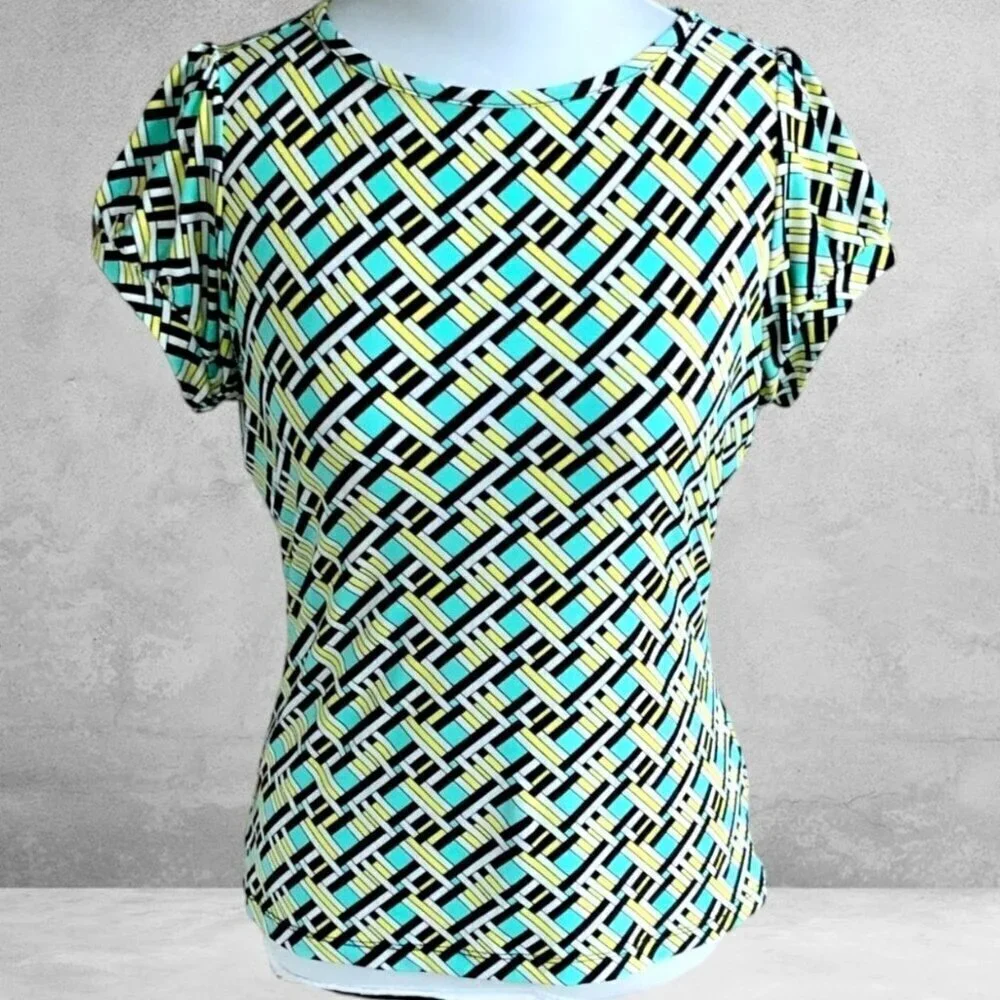 Worthington petite short cap sleeve stretch turquoise geometrical pattern PM - Picture 6 of 6